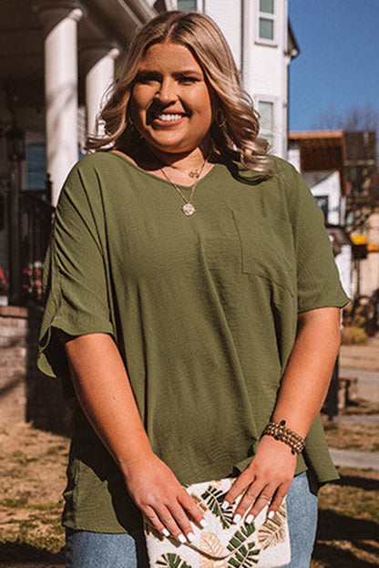 Pink Textured Half Sleeve V Neck Plus Size T Shirt with Chest Pocket