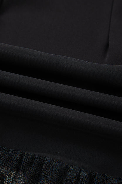 Black Solid Color Sleeveless Sheer Floral Lace Patchwork Long Dress