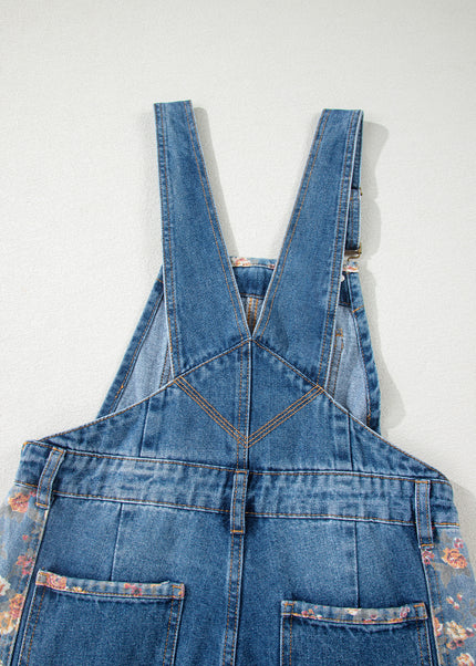 Peacock Blue Floral Patchwork Bib Denim Wide Leg Overalls