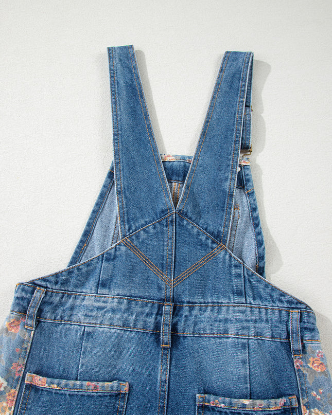 Peacock Blue Floral Patchwork Bib Denim Wide Leg Overalls