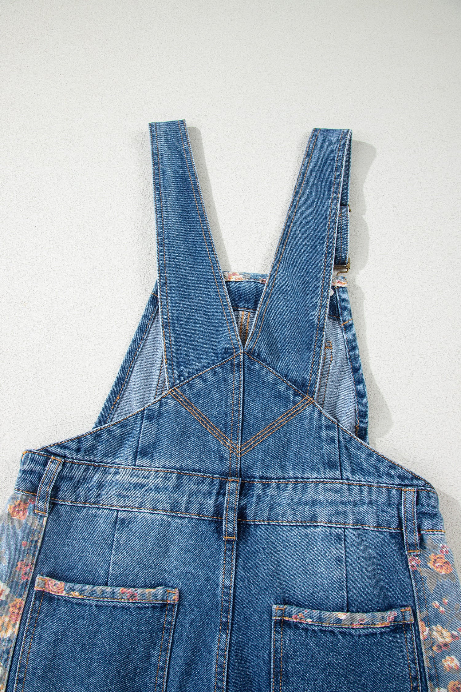 Peacock Blue Floral Patchwork Bib Denim Wide Leg Overalls