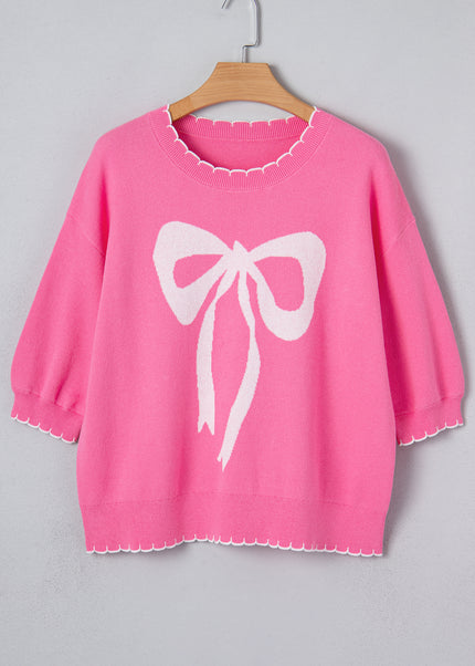 Sachet Pink Big Ribbon Bow Print Contrast Stitch Trim Drop Shoulder Sweater