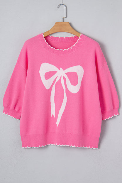 Sachet Pink Big Ribbon Bow Print Contrast Stitch Trim Drop Shoulder Sweater