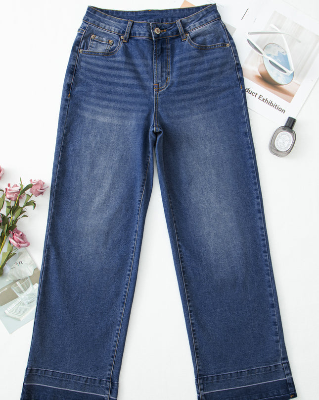 Real Teal Raw Hem Unique Cuffs Straight High Rise Loose Jeans
