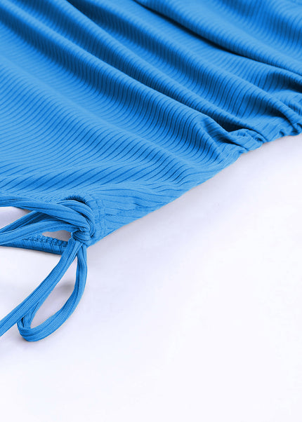 Sky Blue Adjustable Straps Ribbed Knit One Piece Swimsuit