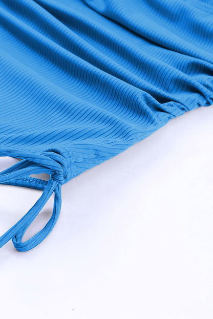 Sky Blue Adjustable Straps Ribbed Knit One Piece Swimsuit