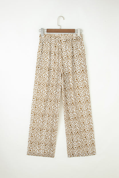 Brown Leopard Drawstring Elastic Waistband Loose Pants