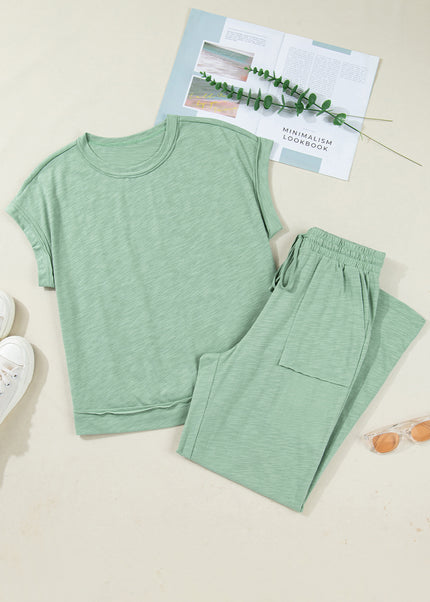 Canton Cuffed Short Sleeve Tee Raw Seam Patch Pocket Drawstring Pants Set
