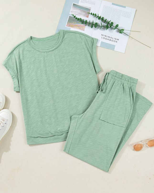 Canton Cuffed Short Sleeve Tee Raw Seam Patch Pocket Drawstring Pants Set