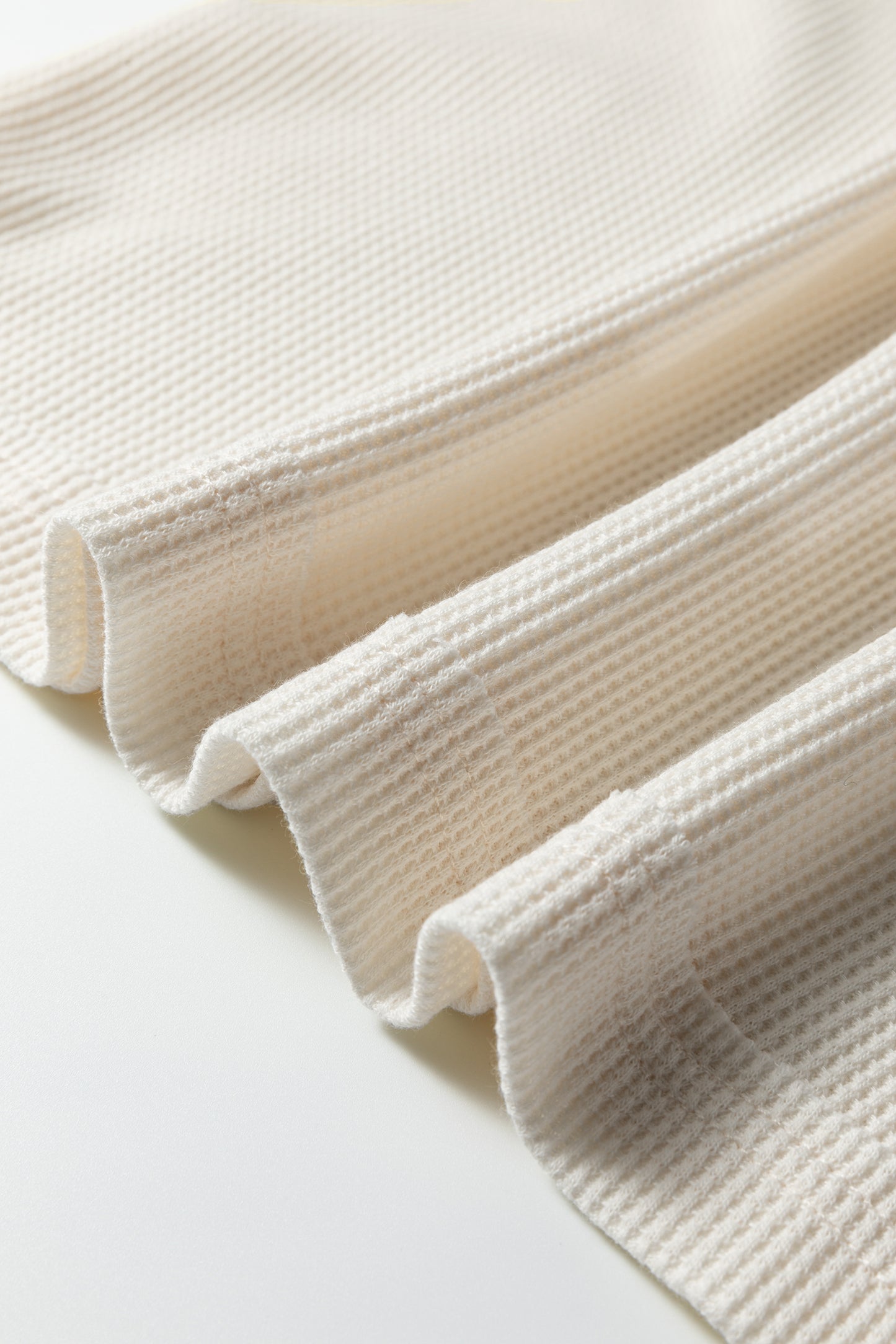 Beige Solid Color Waffle Knit Asymmetric Neck Long Sleeve Top