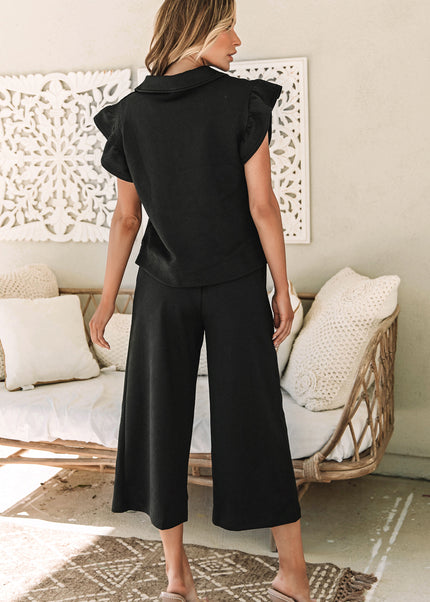 Black Textured Flutter Sleeve Top Wide Leg Pants Set