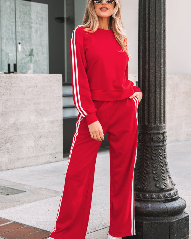 Fiery Red Varsity Striped Detail Crewneck Pullover Elastic Sweatpants 2pcs Outfit