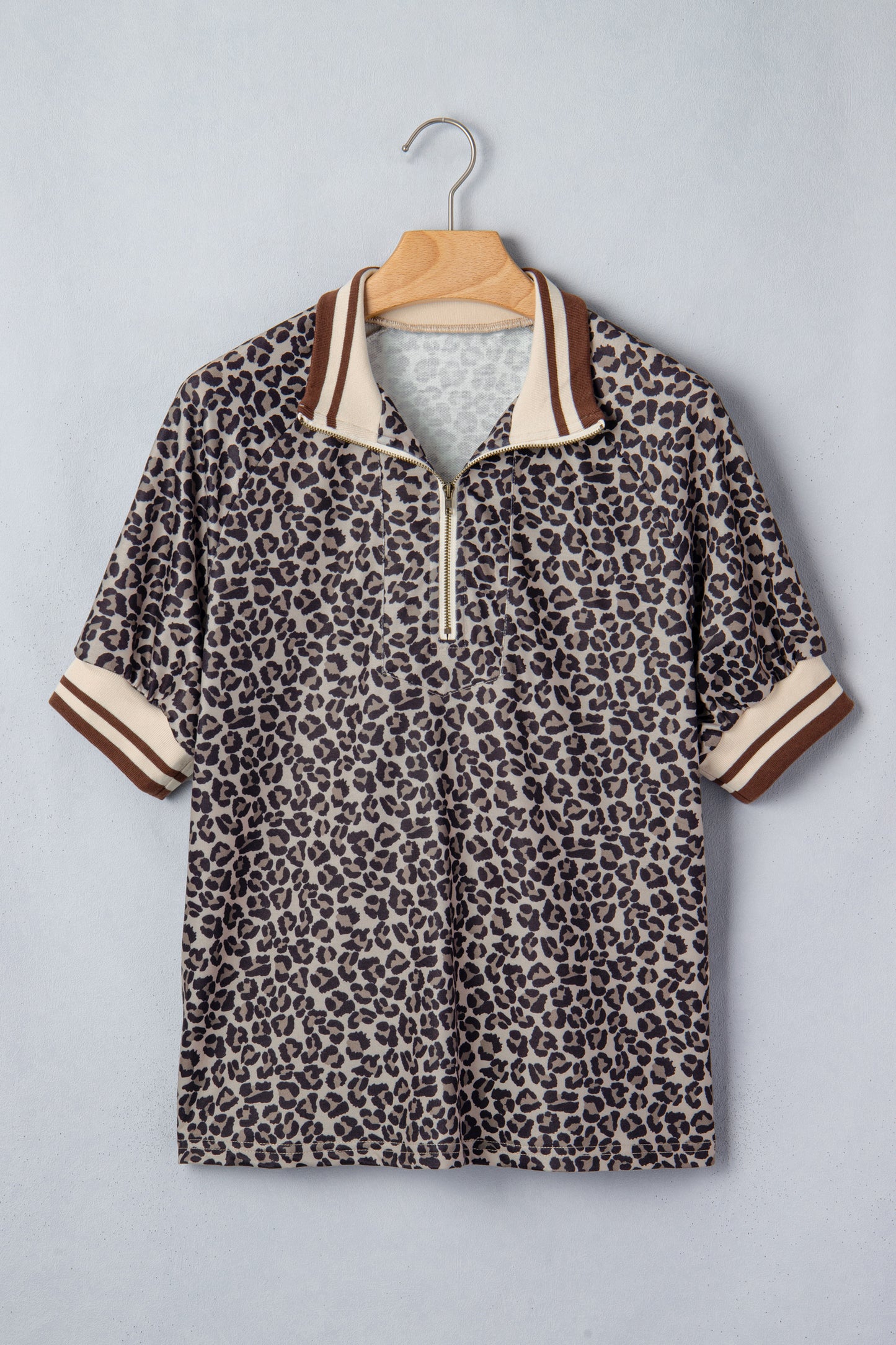 Khaki Leopard Print Half Zip Striped Trim Patchwork Short Sleeve Top