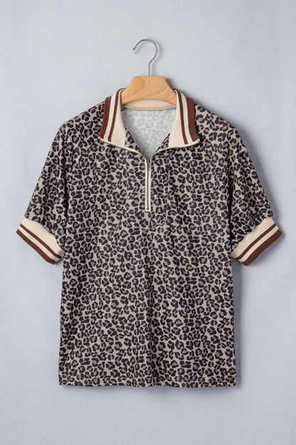 Khaki Leopard Print Half Zip Striped Trim Patchwork Short Sleeve Top