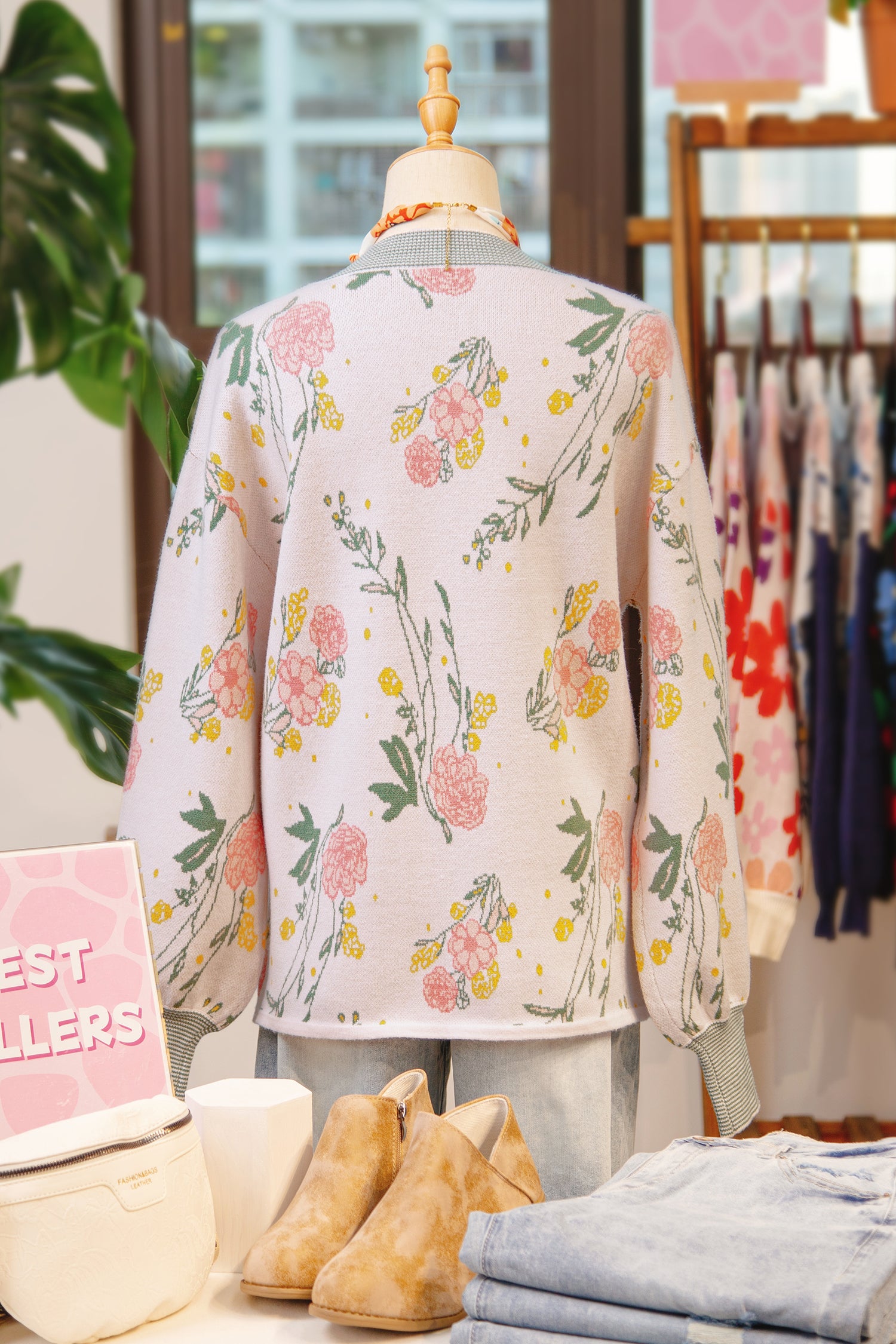 Pink Floral Pattern Striped V Neck Loose Sweater