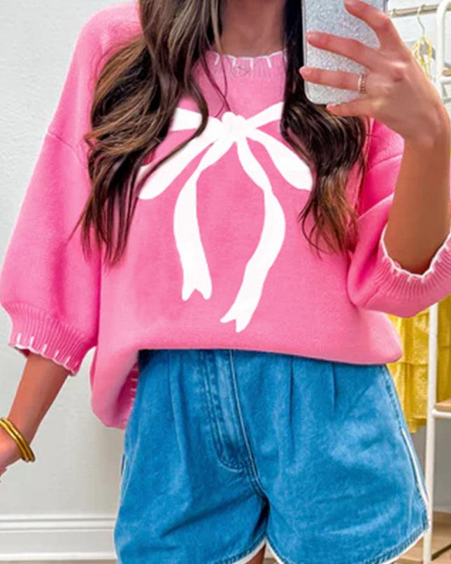 Sachet Pink Big Ribbon Bow Print Contrast Stitch Trim Drop Shoulder Sweater
