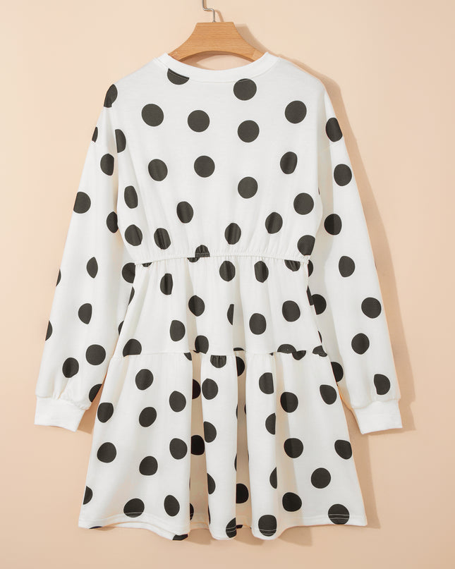 White Polka Dot Printed Long Sleeve Flared Mini Dress