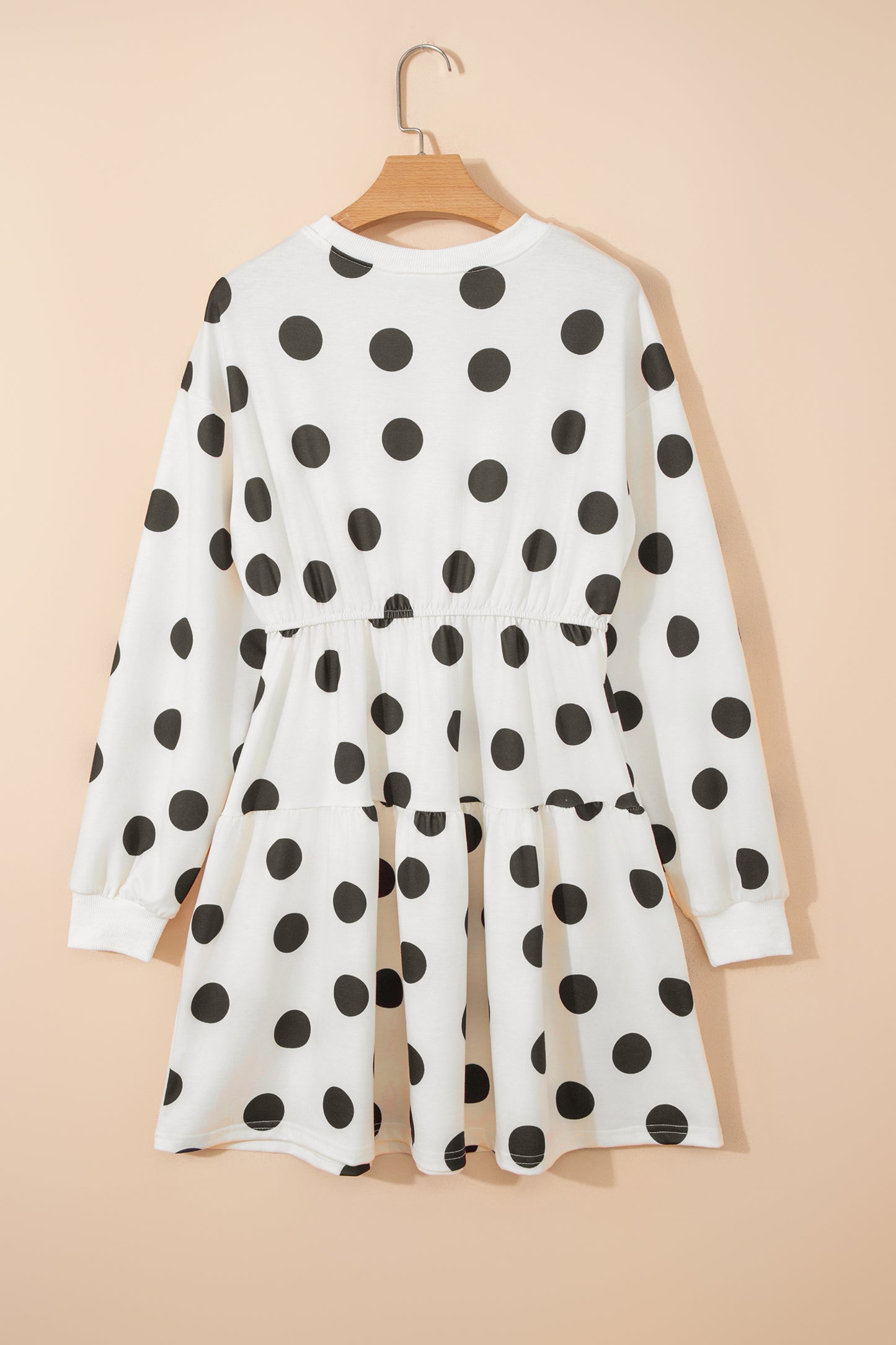 White Polka Dot Printed Long Sleeve Flared Mini Dress