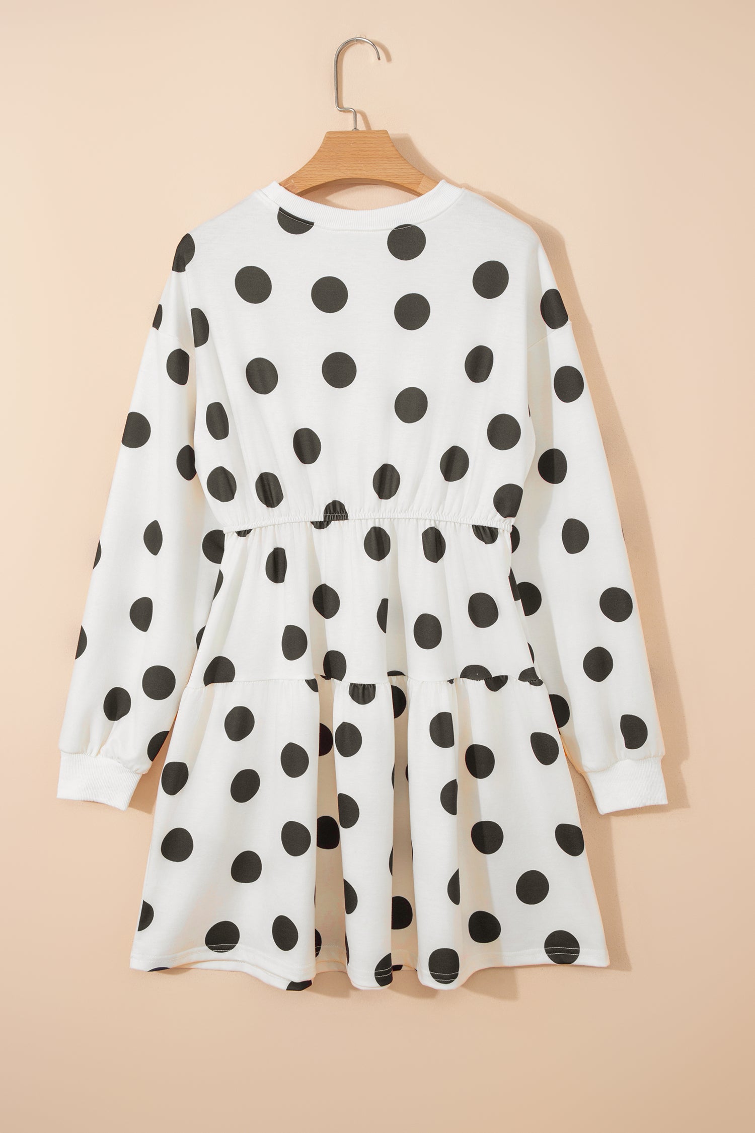 White Polka Dot Printed Long Sleeve Flared Mini Dress