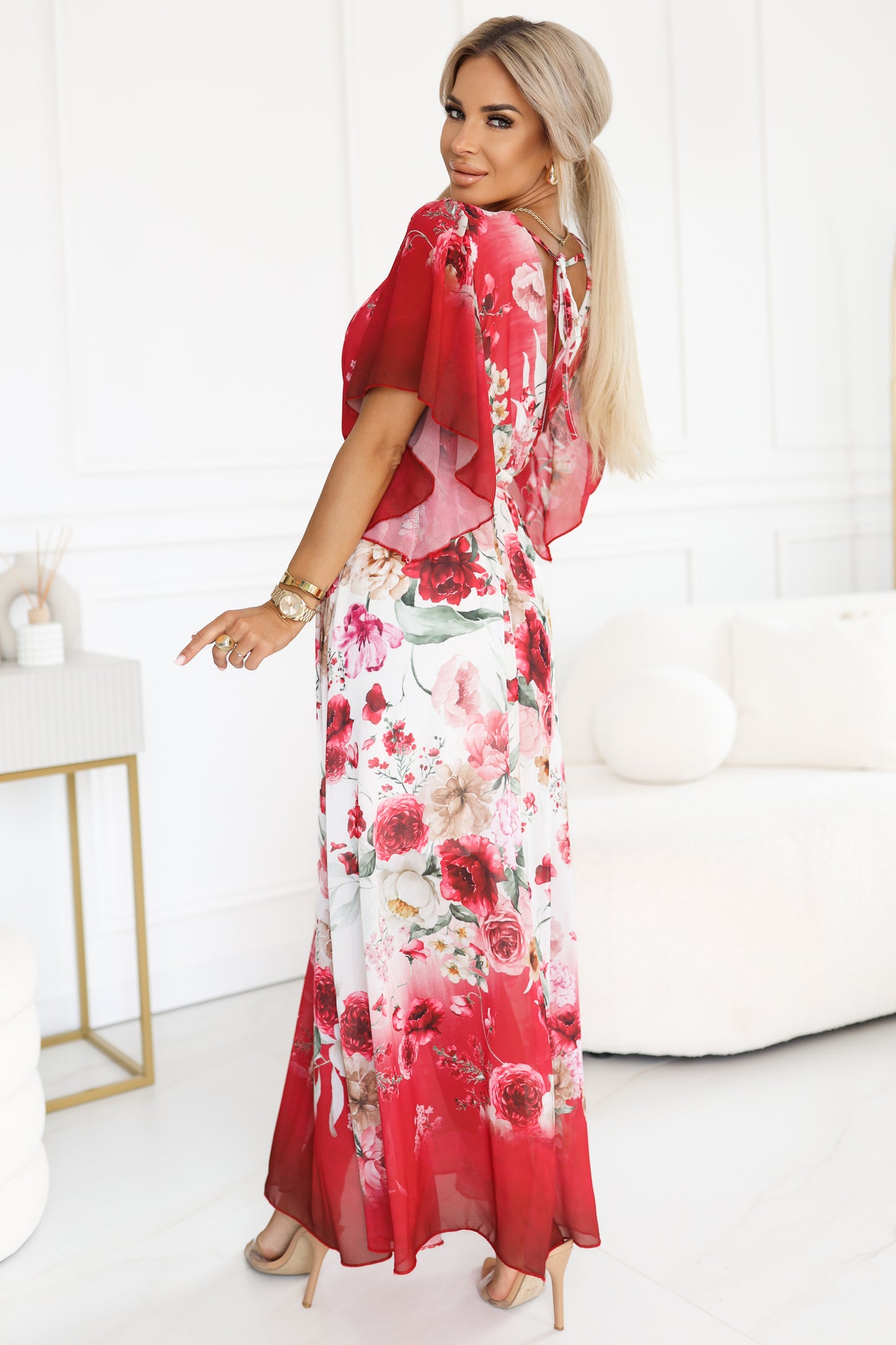 603-1 Airy wrap maxi dress with floral pattern – red roses