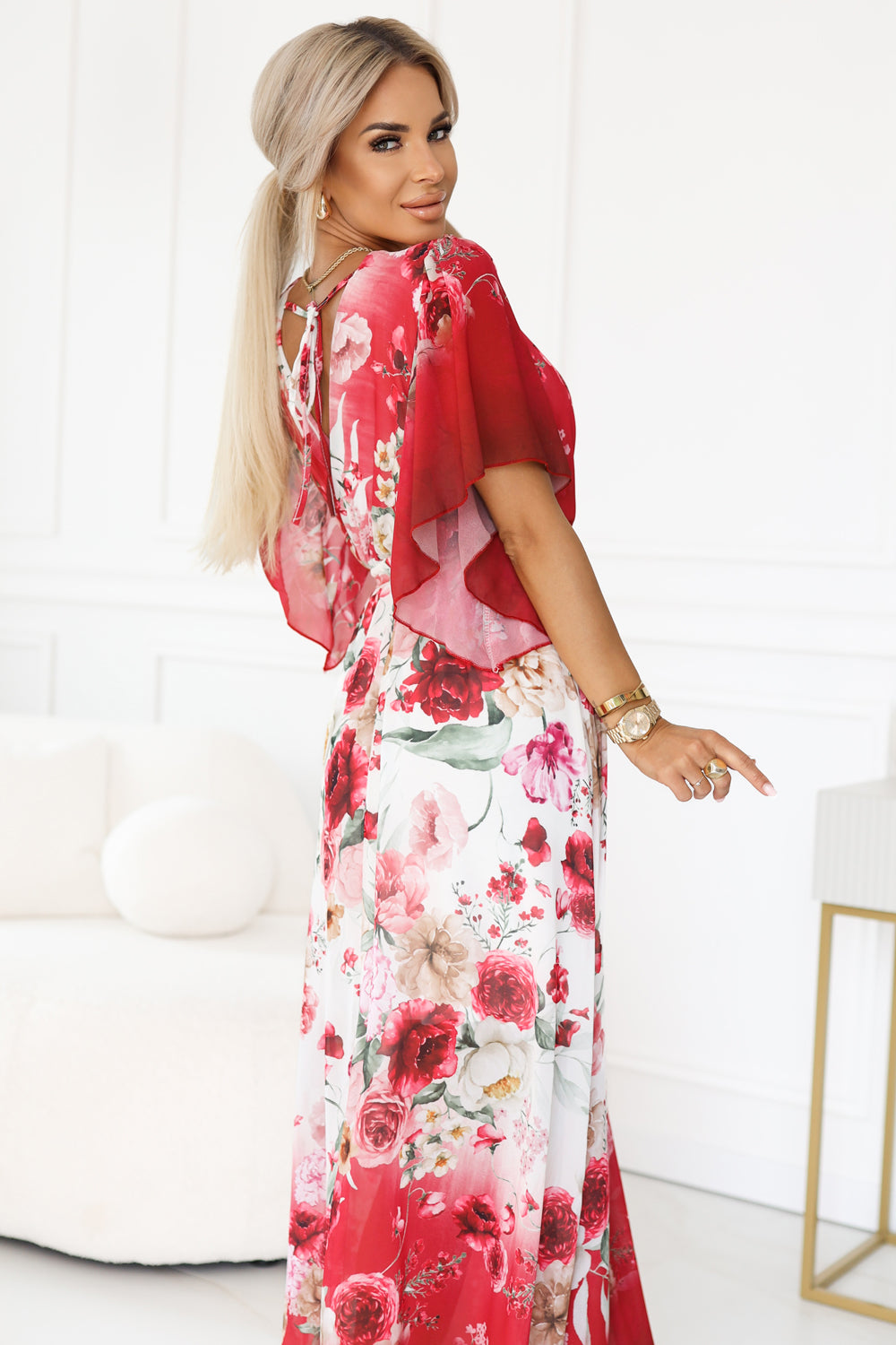 603-1 Airy wrap maxi dress with floral pattern – red roses