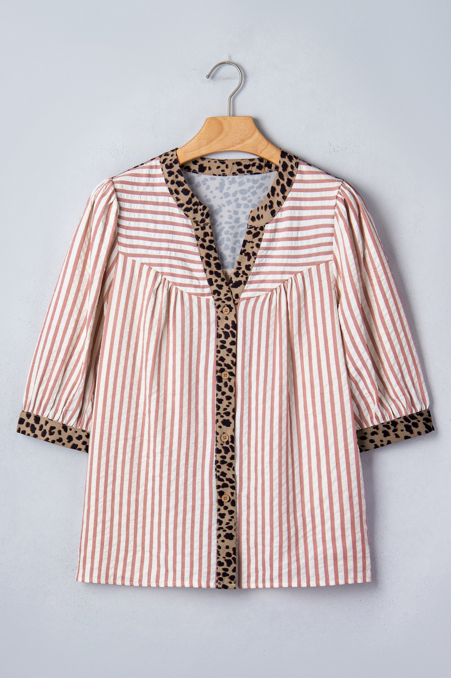 Sky Blue Stripe Leopard Trim V Neck Button Down Half Sleeve Shirt