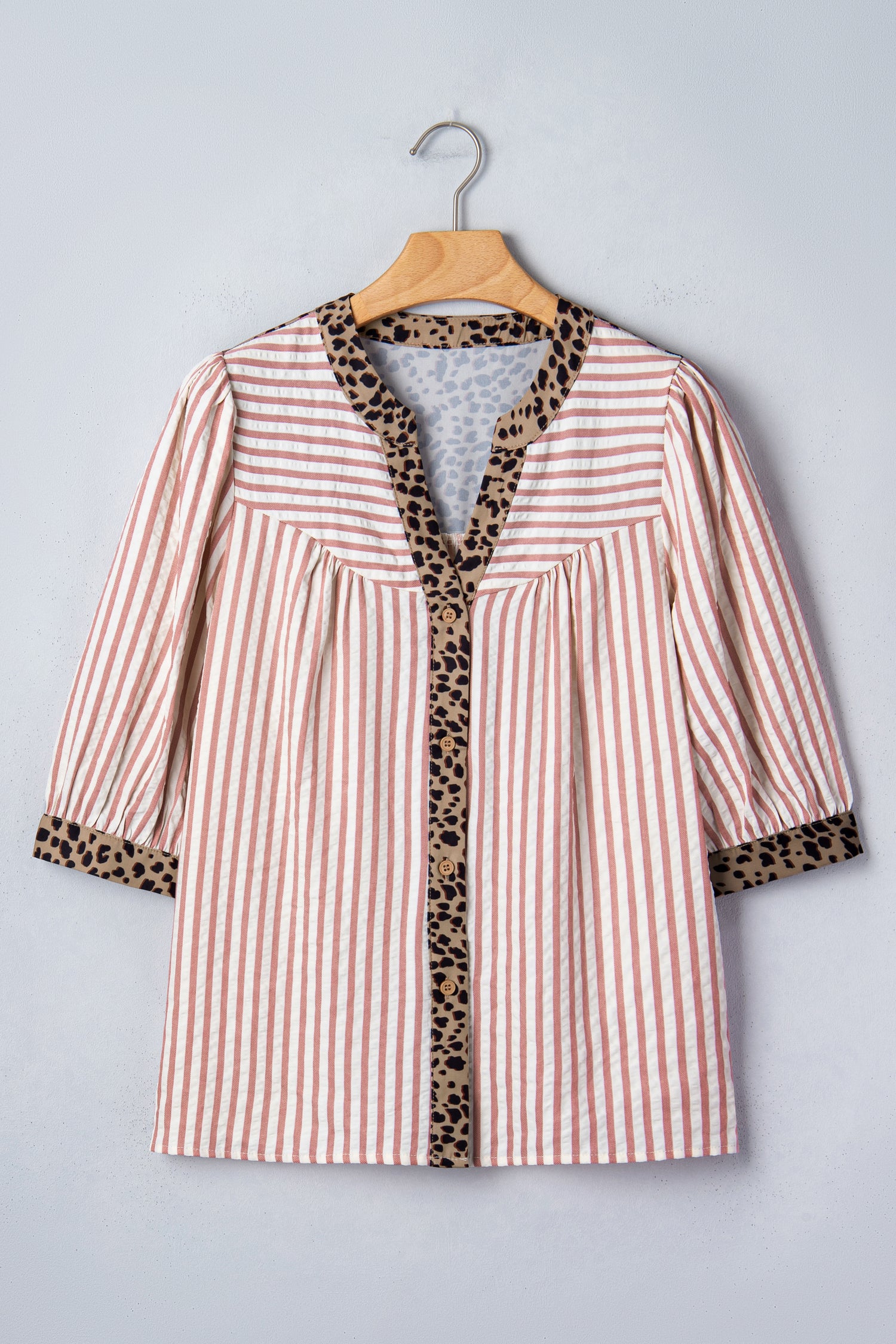 Sky Blue Stripe Leopard Trim V Neck Button Down Half Sleeve Shirt