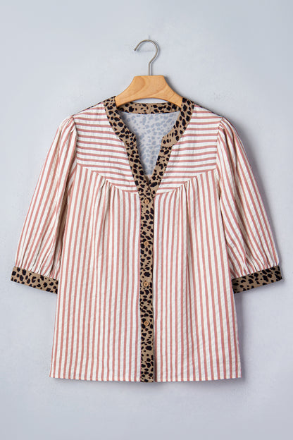 Sky Blue Stripe Leopard Trim V Neck Button Down Half Sleeve Shirt