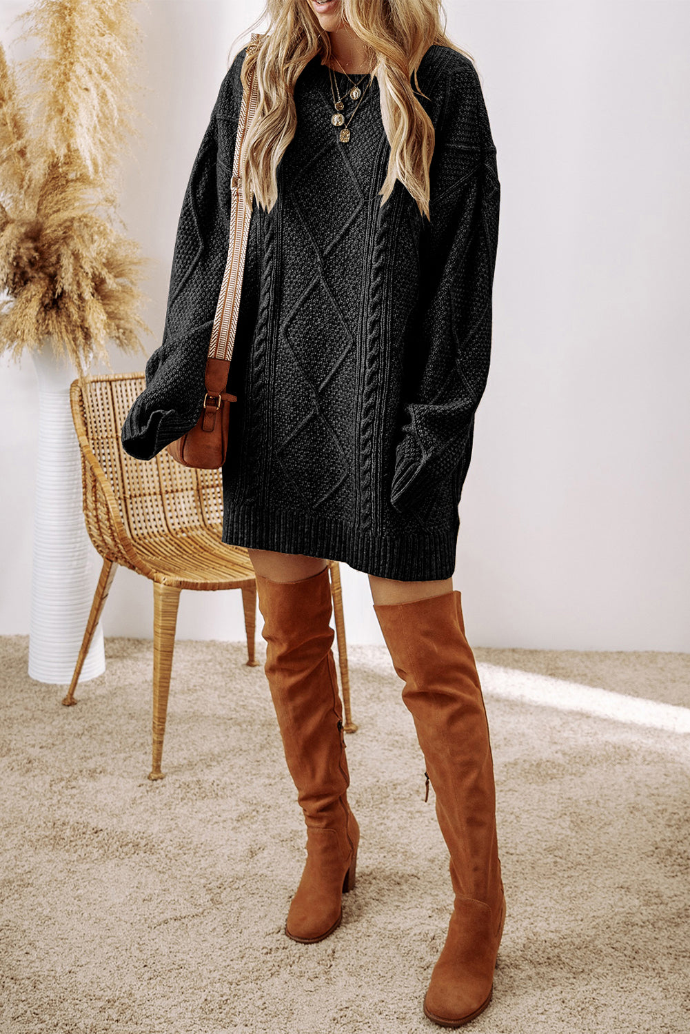 Parchment Cable Knit Drop Shoulder Loose Fit Sweater Dress