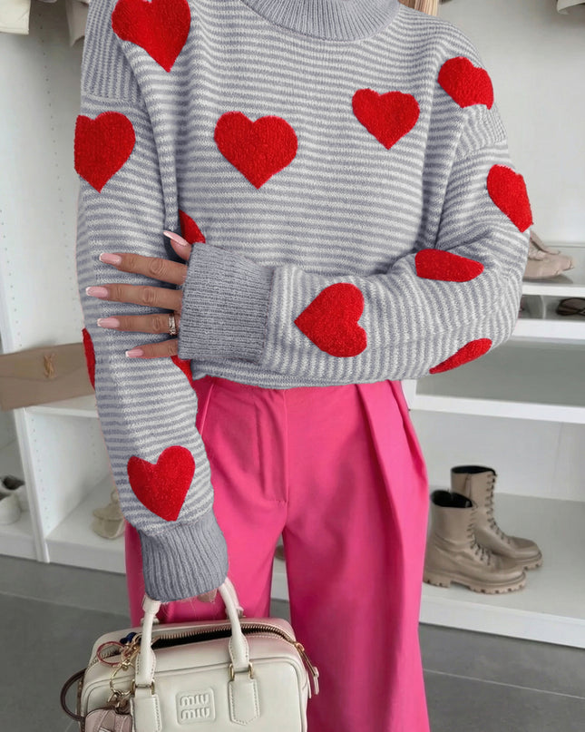 Gray Stripe Contrast Heart Pattern Valentine Knit Sweater