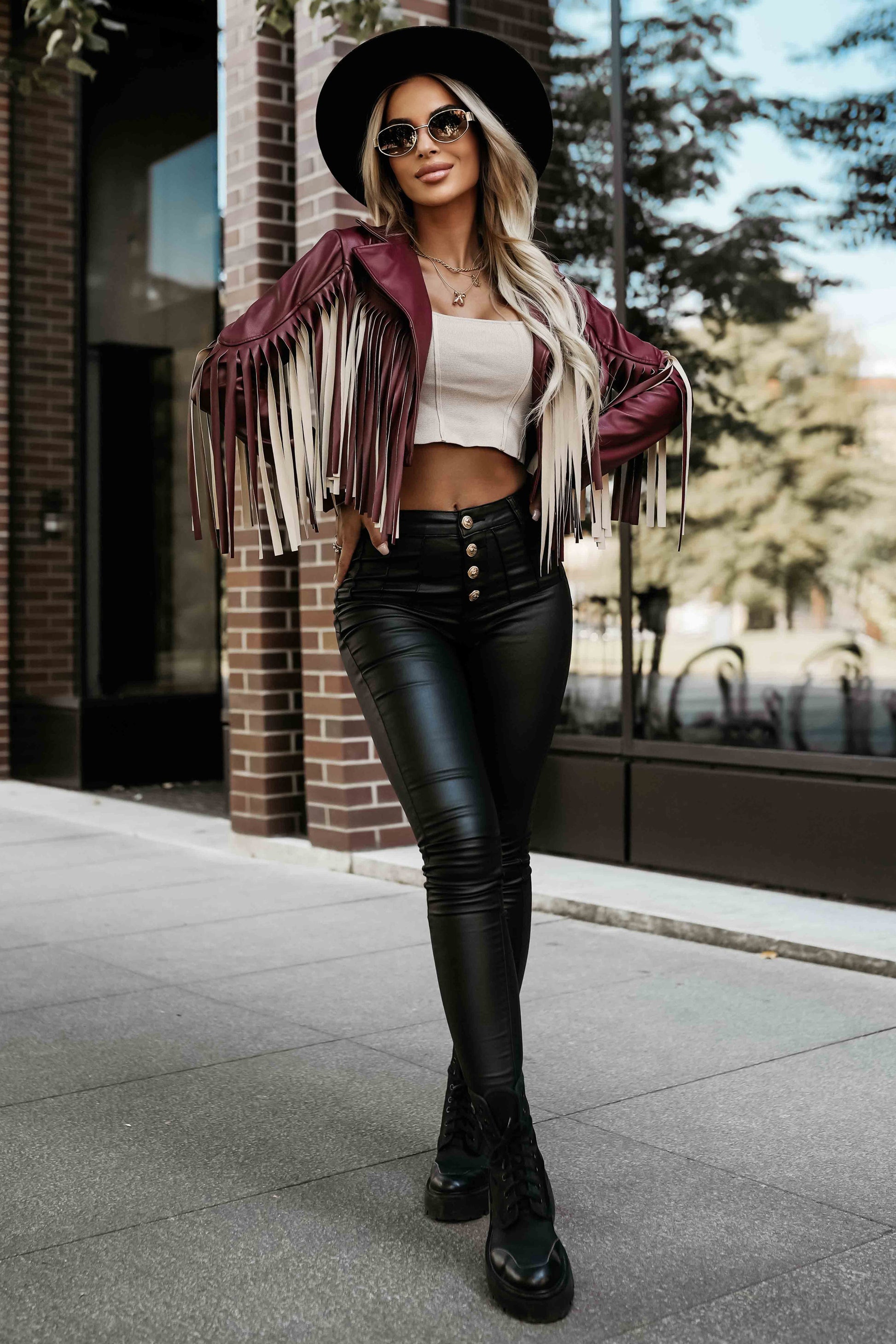 624-2 Short jacket with fringes made of soft eco-leather - burgundy
