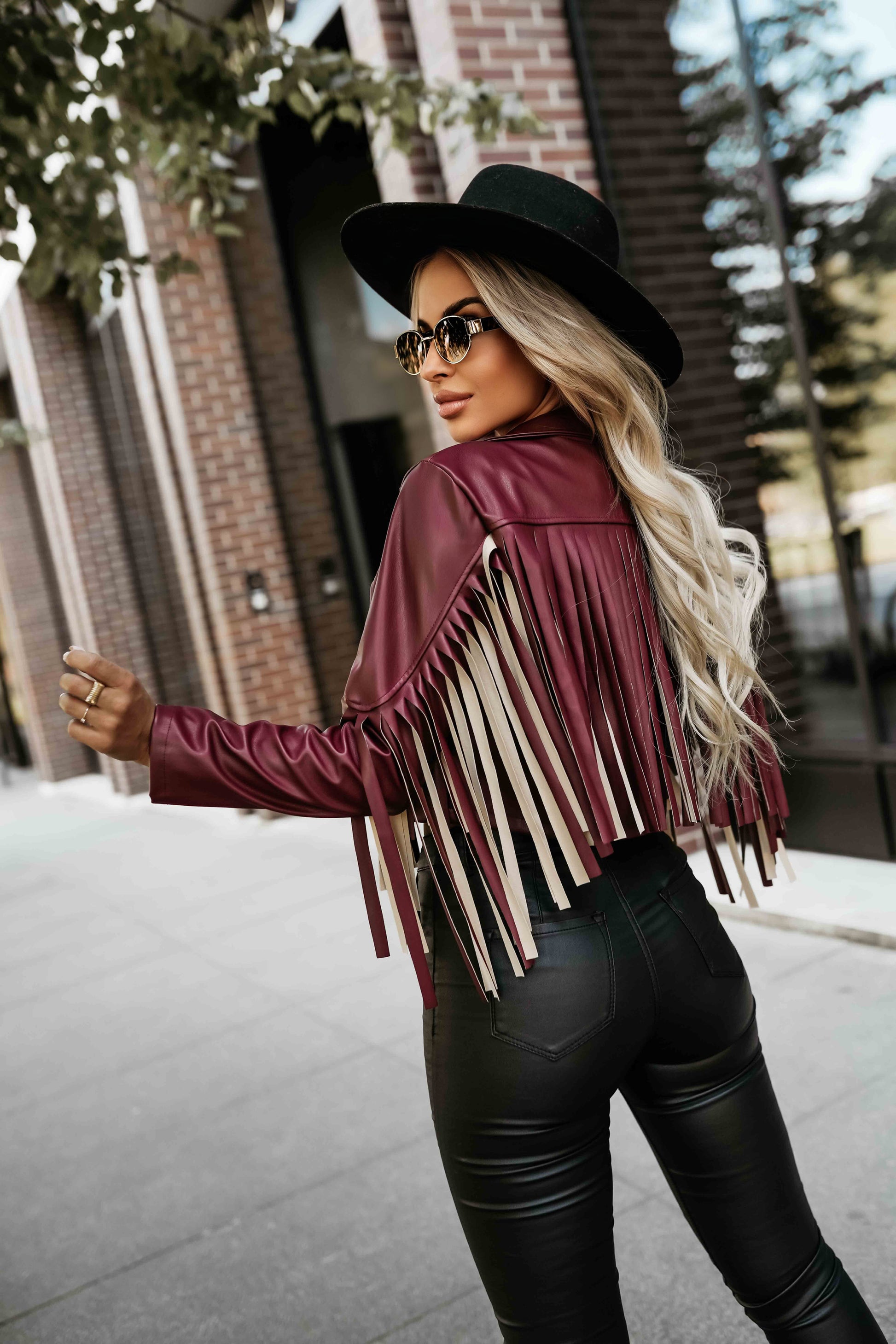 624-2 Short jacket with fringes made of soft eco-leather - burgundy