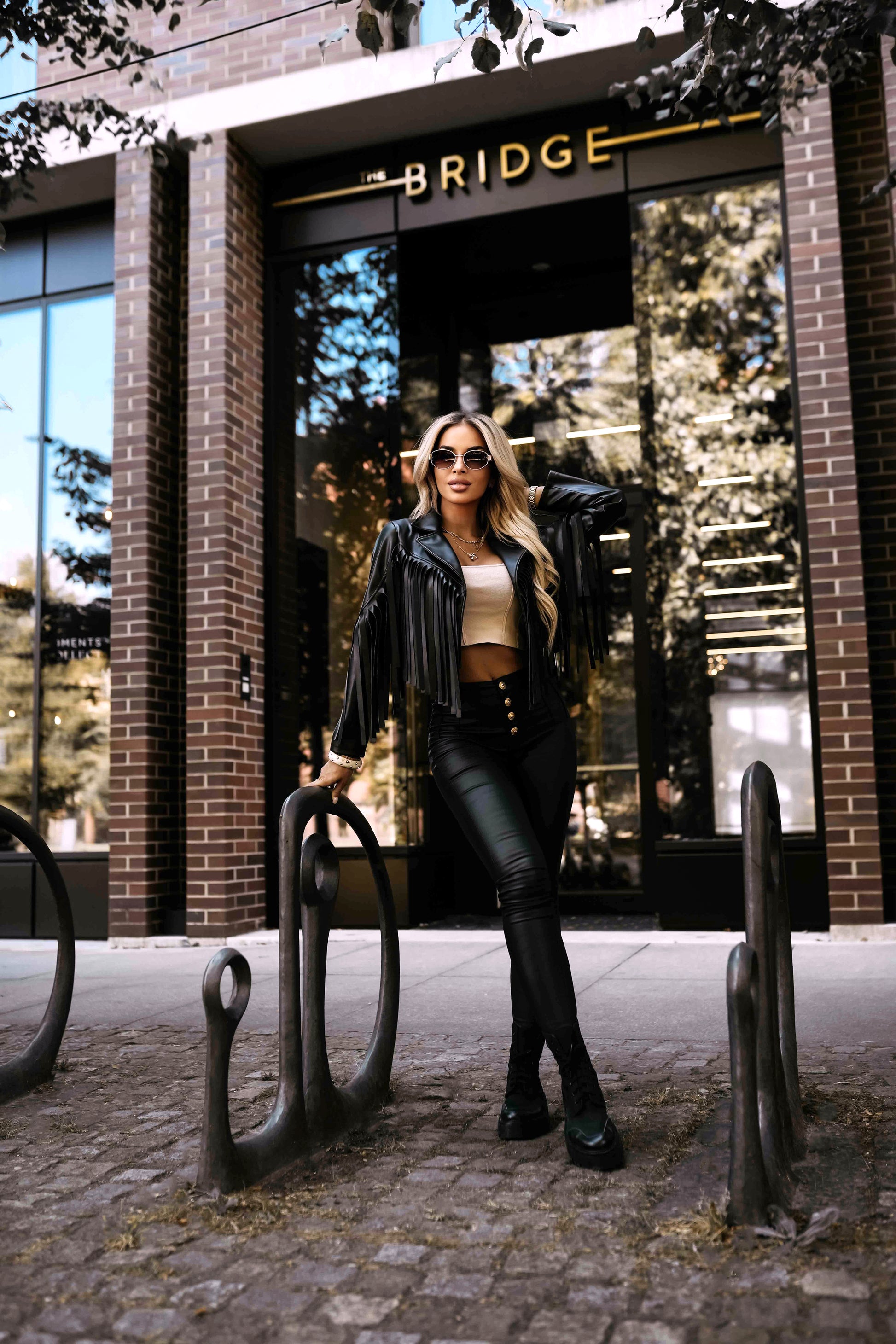 624-3 Short biker jacket with fringes made of soft eco leather - black