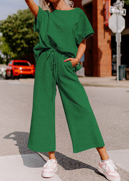 Black Textured Loose Fit T Shirt and Drawstring Pants Set