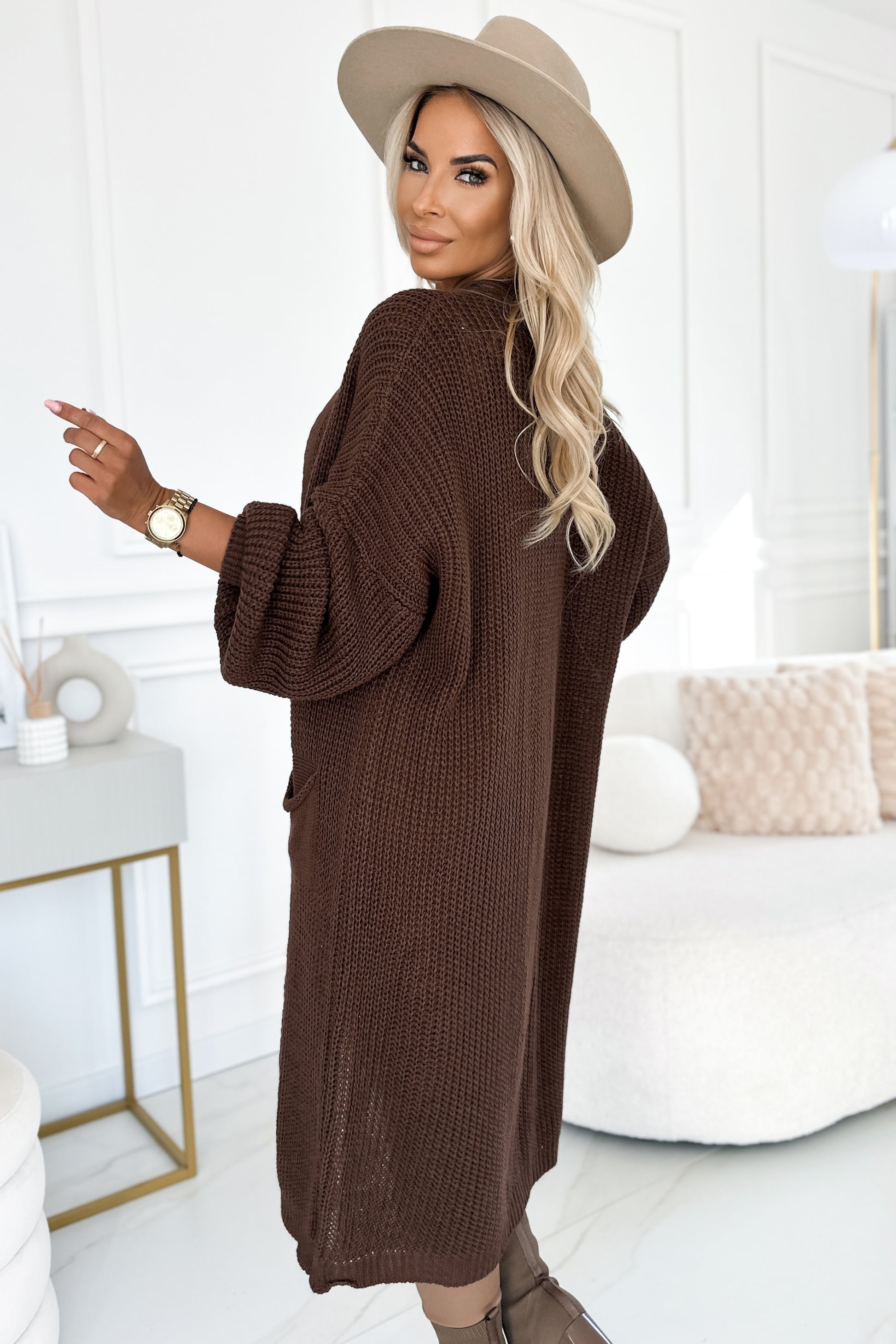 627-2 Cardigan - long sweater cape with pockets - chocolate color