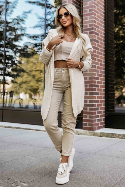 629-1 Comfortable oversized cardigan with a hood and a stylish patch - beige
