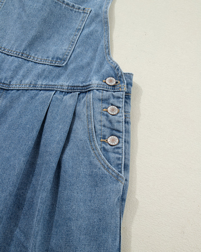 Dusk Blue Pleated Wide Leg Retro Pocketed Denim Jumpsuit