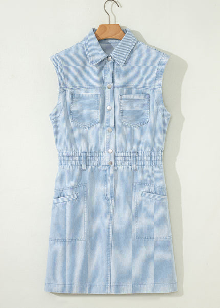 Sky Blue Stripe Collared Button Front Sleeveless Denim Mini Dress