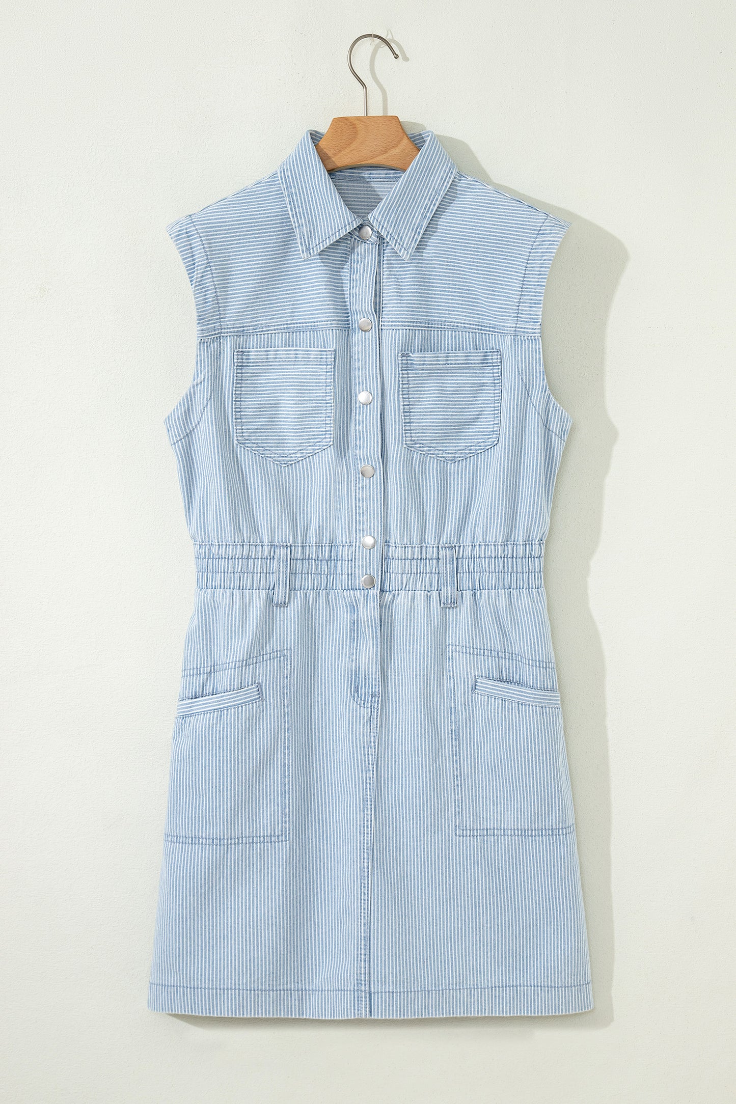 Sky Blue Stripe Collared Button Front Sleeveless Denim Mini Dress