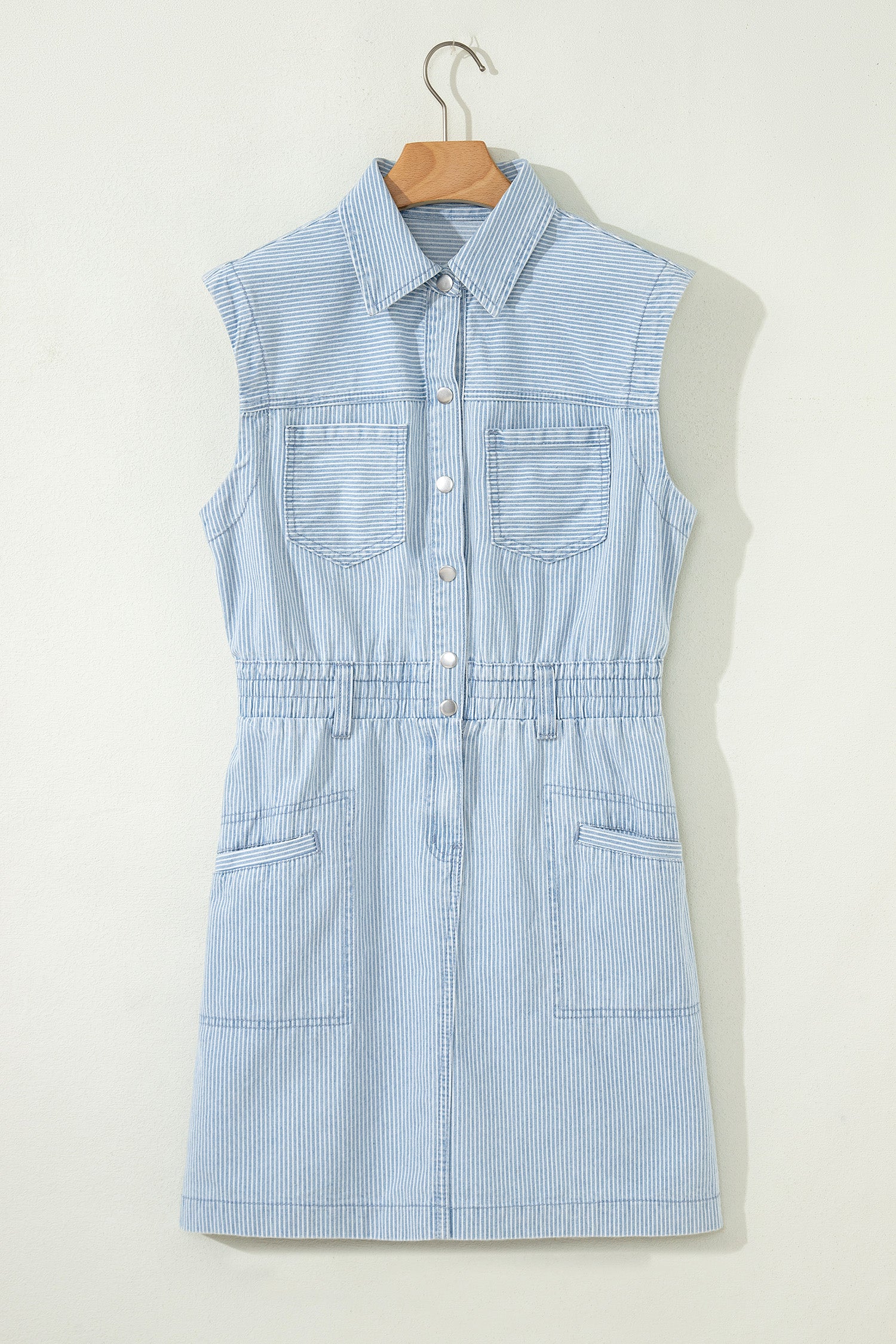 Sky Blue Stripe Collared Button Front Sleeveless Denim Mini Dress