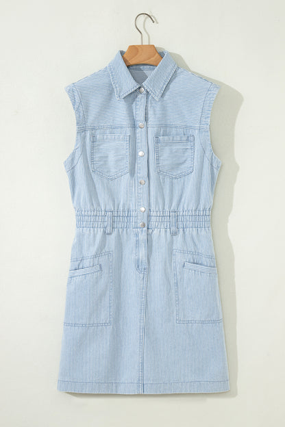 Sky Blue Stripe Collared Button Front Sleeveless Denim Mini Dress
