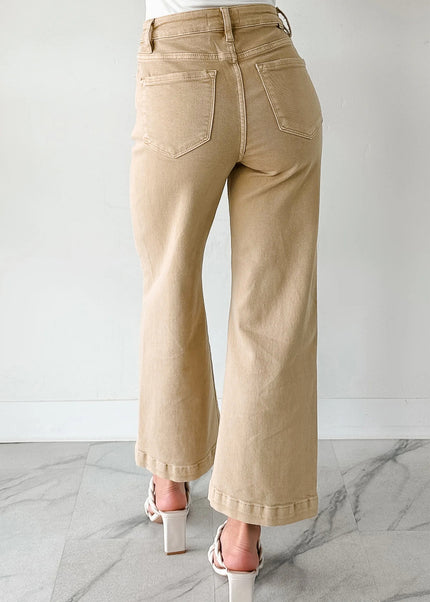 Apricot Solid Color Seamed Center Wide Leg Cropped Jeans
