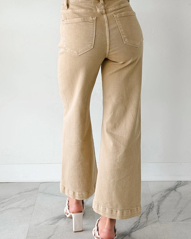 Apricot Solid Color Seamed Center Wide Leg Cropped Jeans