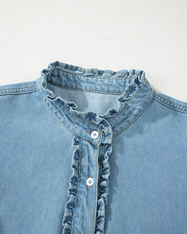 Myosotis Frilled Detail Button Down Ruffle Short Sleeve Denim Mini Dress