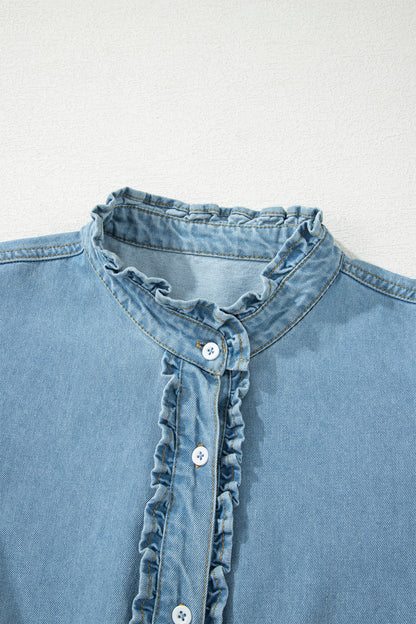 Myosotis Frilled Detail Button Down Ruffle Short Sleeve Denim Mini Dress