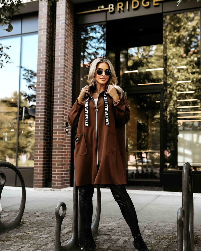 632-2 Casual coat with a zipper and fashionable details - chocolate