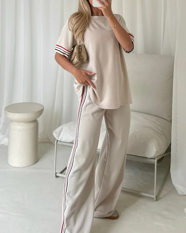 Jet Stream Contrast Striped Trim Crewneck T Shirt Loose Straight Pants Set