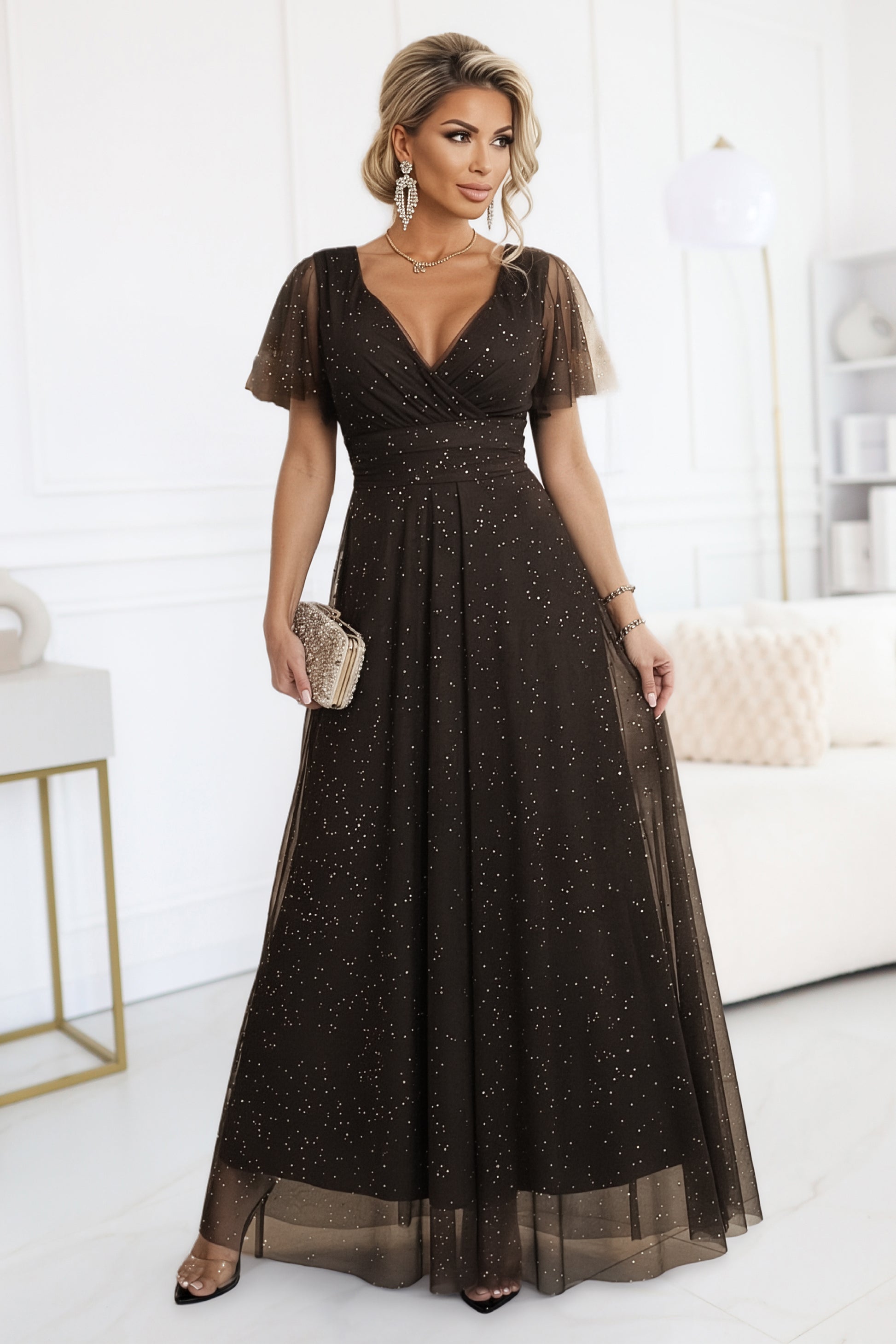635-4 MELANIA long, shiny dress with a neckline and short sleeves - chocolate