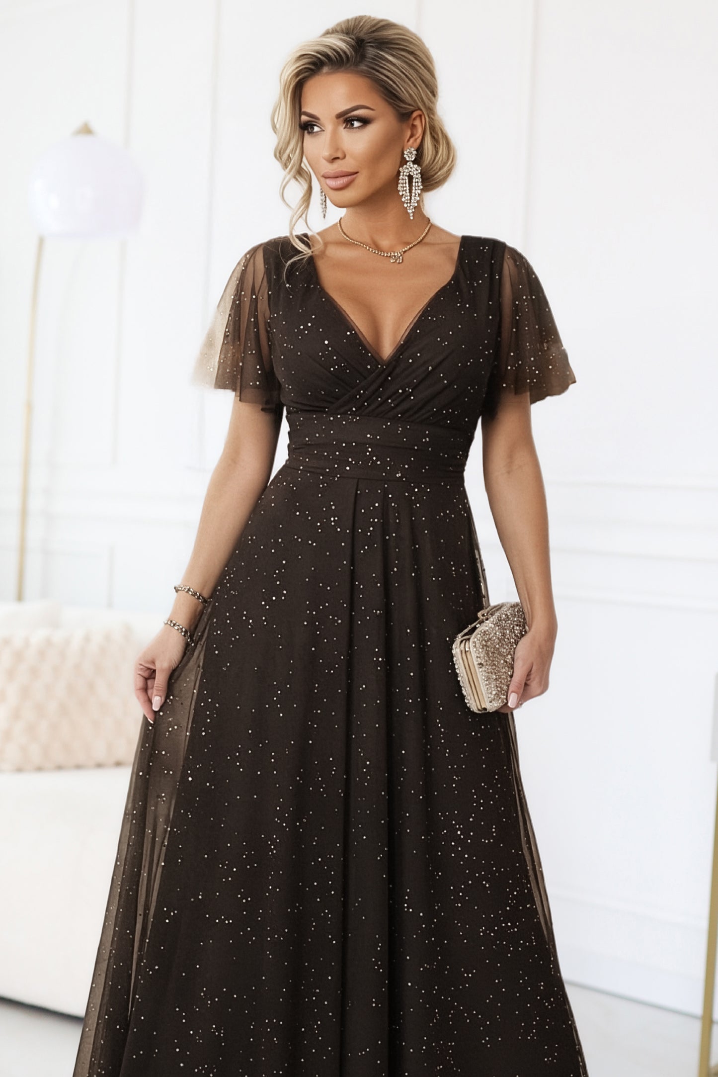 635-4 MELANIA long, shiny dress with a neckline and short sleeves - chocolate