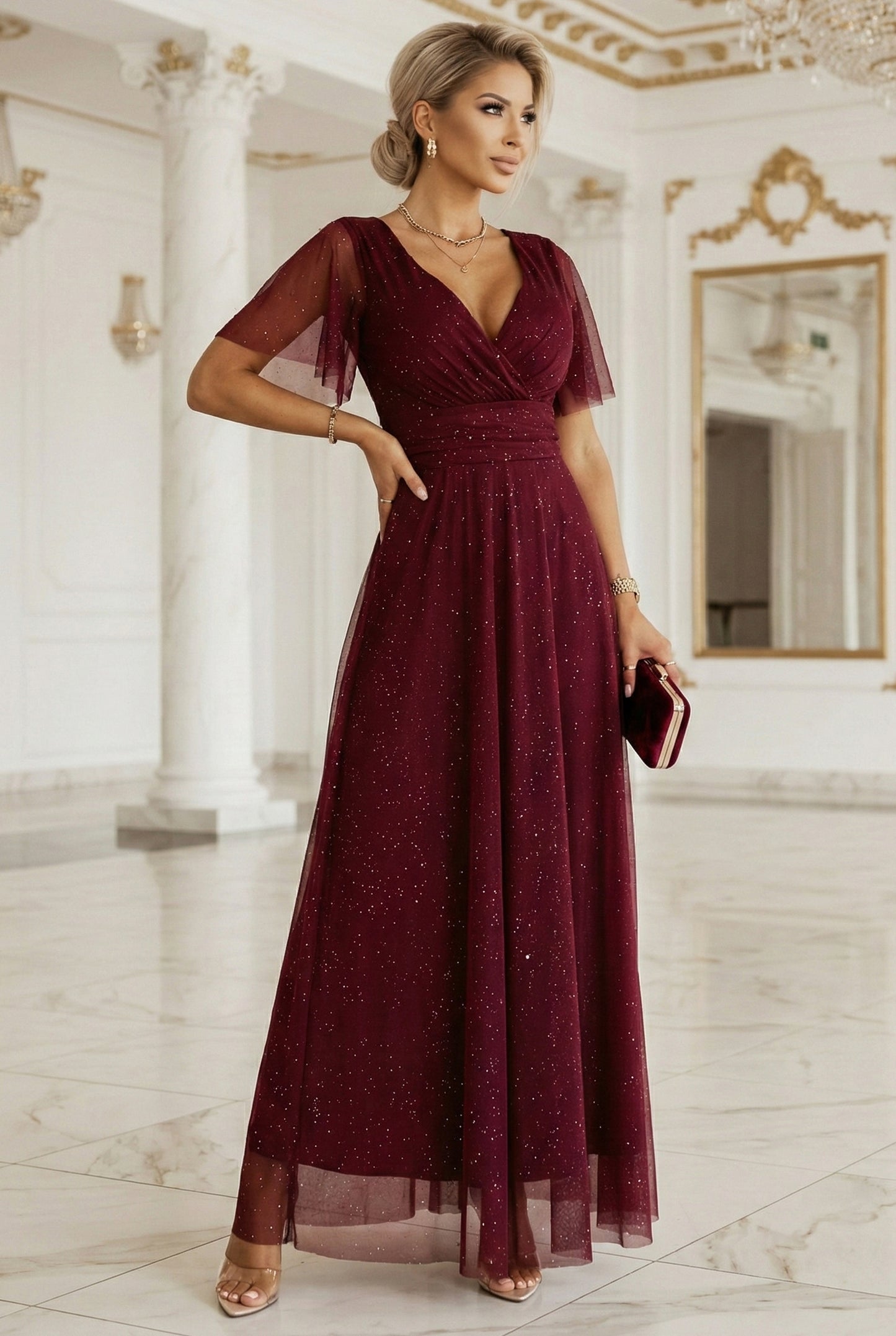 635-5 MELANIA long, shiny dress with a neckline and short sleeves - burgundy